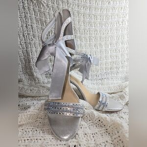 Gianni Bini Silver Satin Heels with Rhinestone Embellishments
